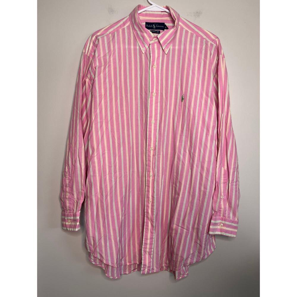 2000s Y2K Ralph Lauren Pink Green Yellow Stripe Prep Jock Corporate Shirt L